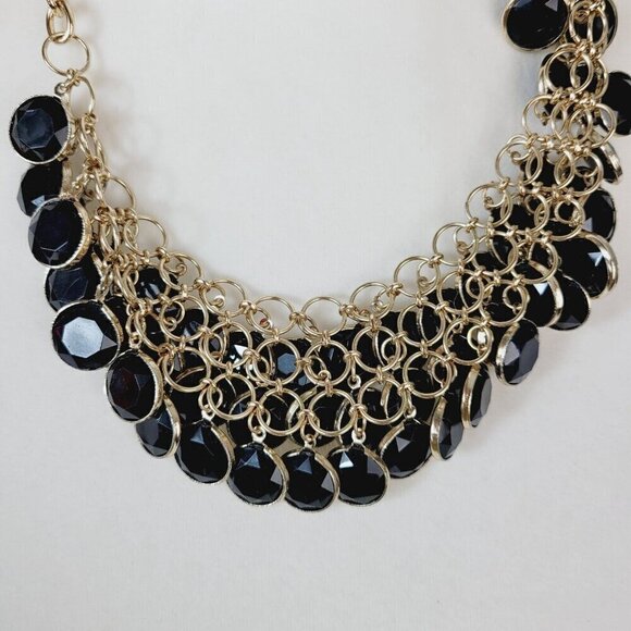 Faceted Black Acrylic Discs Statement Necklace Faux Glass Gold Tone 20" VGC - Picture 10 of 10